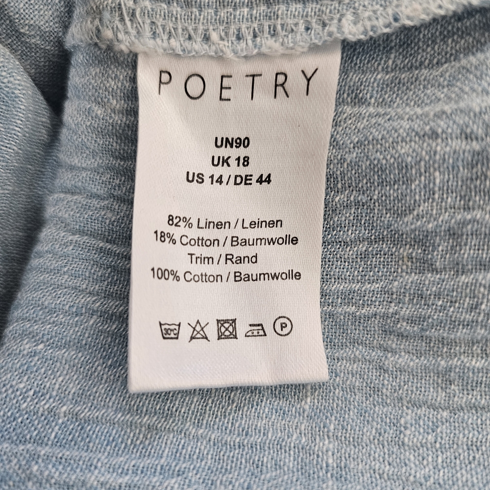 POETRY‎  Midi Linen Dress Sz 14 Powder Blue Shawl-Collar Lagenlook Pocket Art - Picture 6 of 10